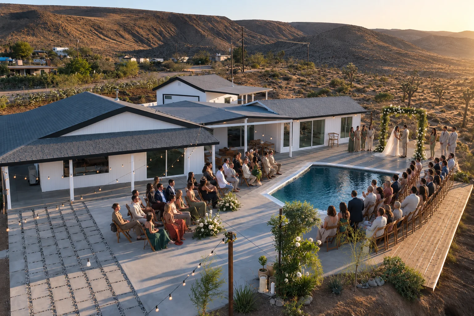 Aerial view of a wedding ceremony set beside the pool at Casa Chaparral
