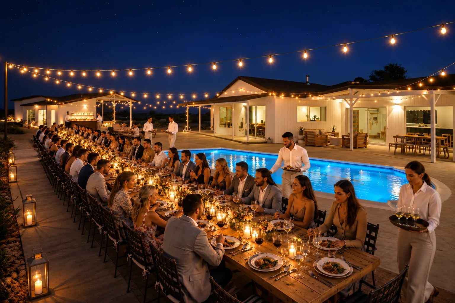 Evening wedding reception dinner along the pool with string lights and guests