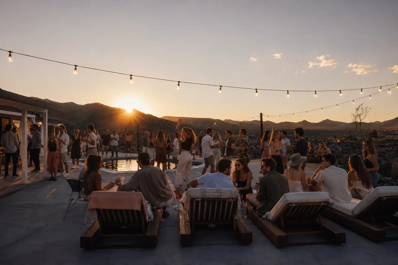 Sunset celebration by the pool with guests and cocktails