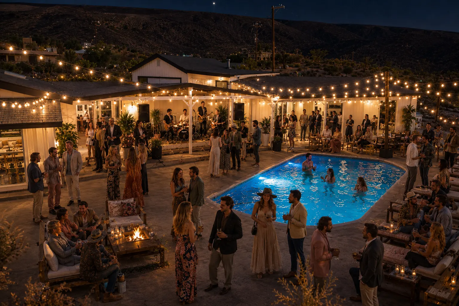 Evening wedding reception with festoon lights around the lit pool