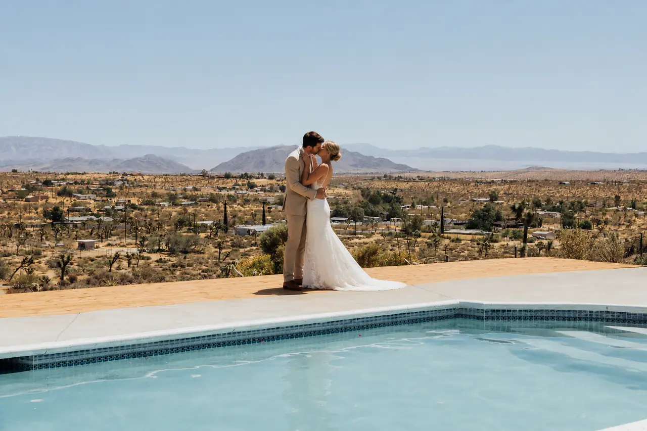 Wedding setup floating over the pool at sunset