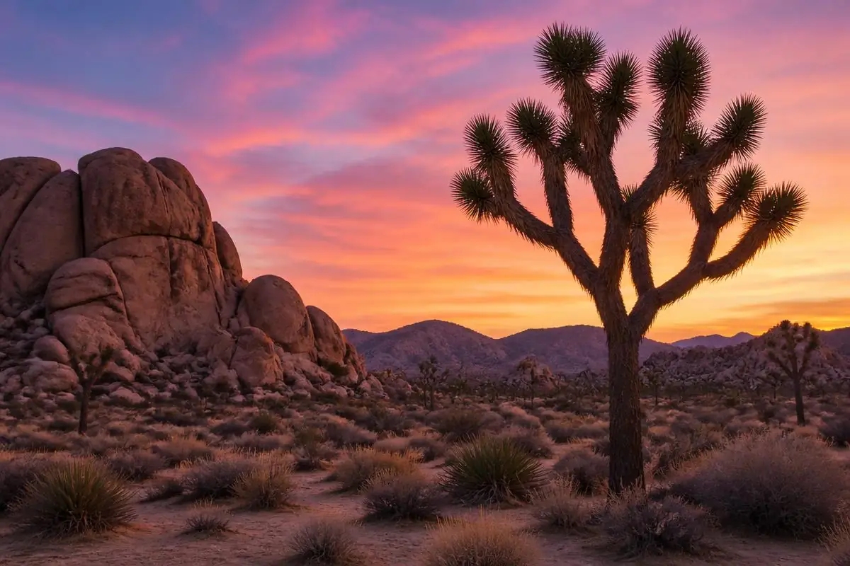 Joshua tree silhouette against a colorful Mojave sunset sky