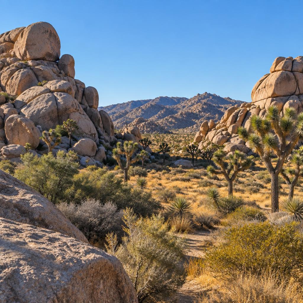 Hidden Valley in Joshua Tree National Park framed by stacked granite boulders and Joshua trees